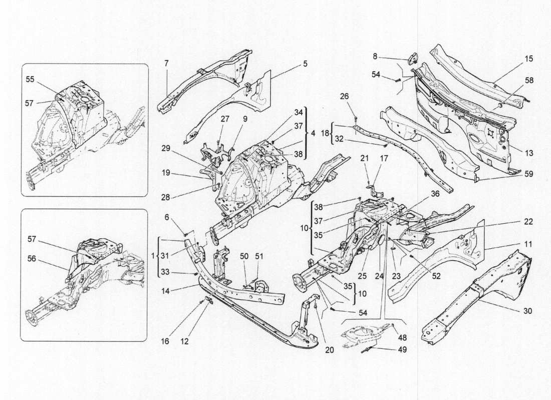 maserati qtp. v6 3.0 bt 410bhp 2015 front structural frames and sheet panels part diagram