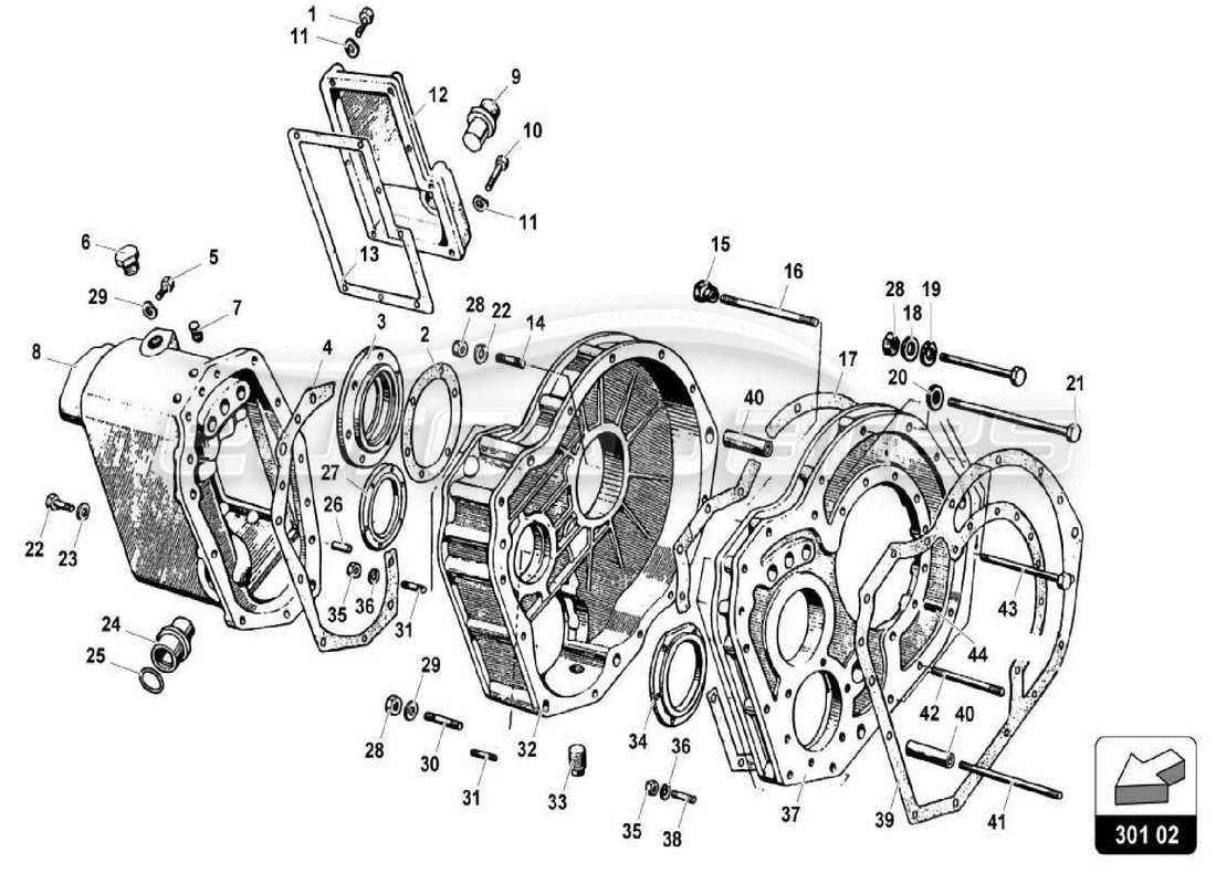 lamborghini miura p400s gearbox-rear diffcase part diagram