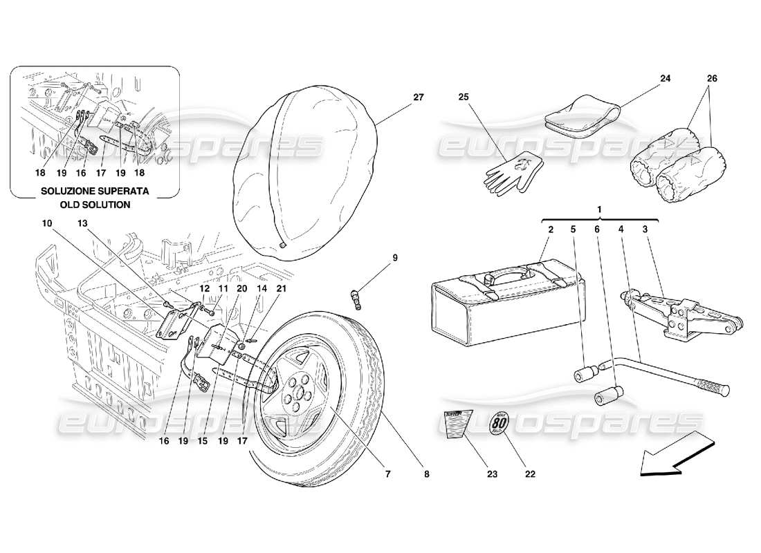 ferrari 355 (5.2 motronic) spare wheel and equipment - optional part diagram