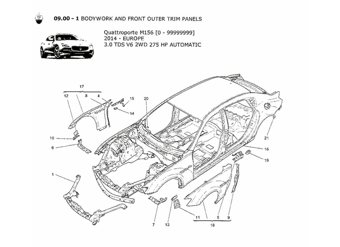 maserati qtp. v6 3.0 tds 275bhp 2014 bodywork and front outer trim panels part diagram