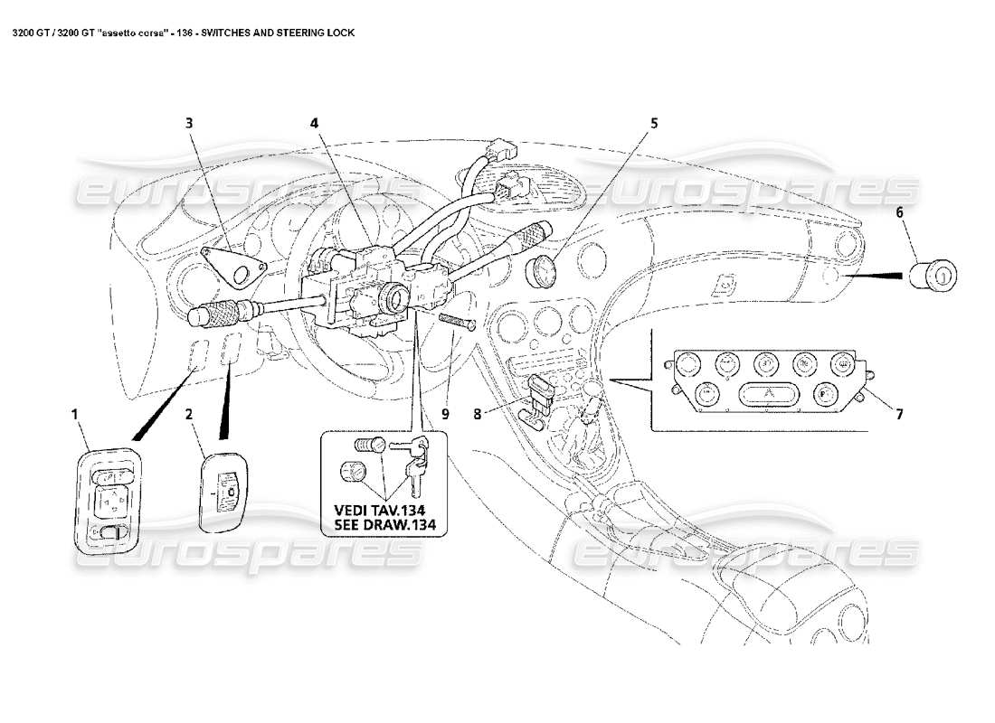 maserati 3200 gt/gta/assetto corsa switches & steering lock part diagram