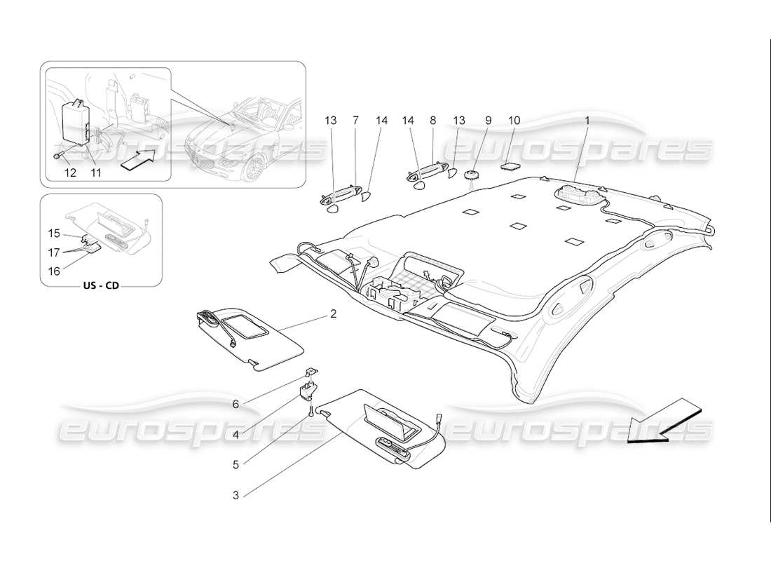 maserati qtp. (2006) 4.2 f1 roof and sun visors part diagram