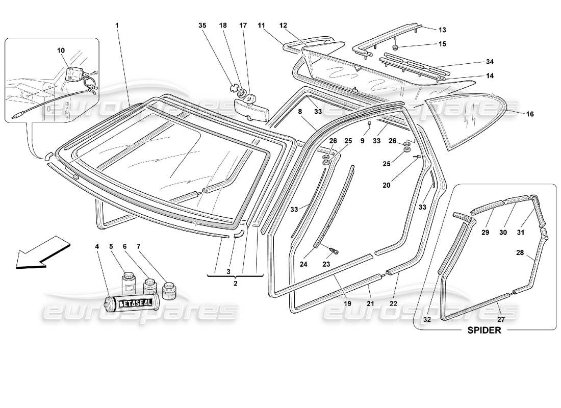 ferrari 355 (2.7 motronic) glasses and gaskets part diagram