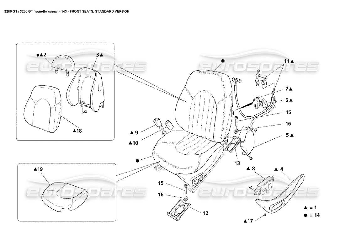 maserati 3200 gt/gta/assetto corsa front seats: standard version part diagram