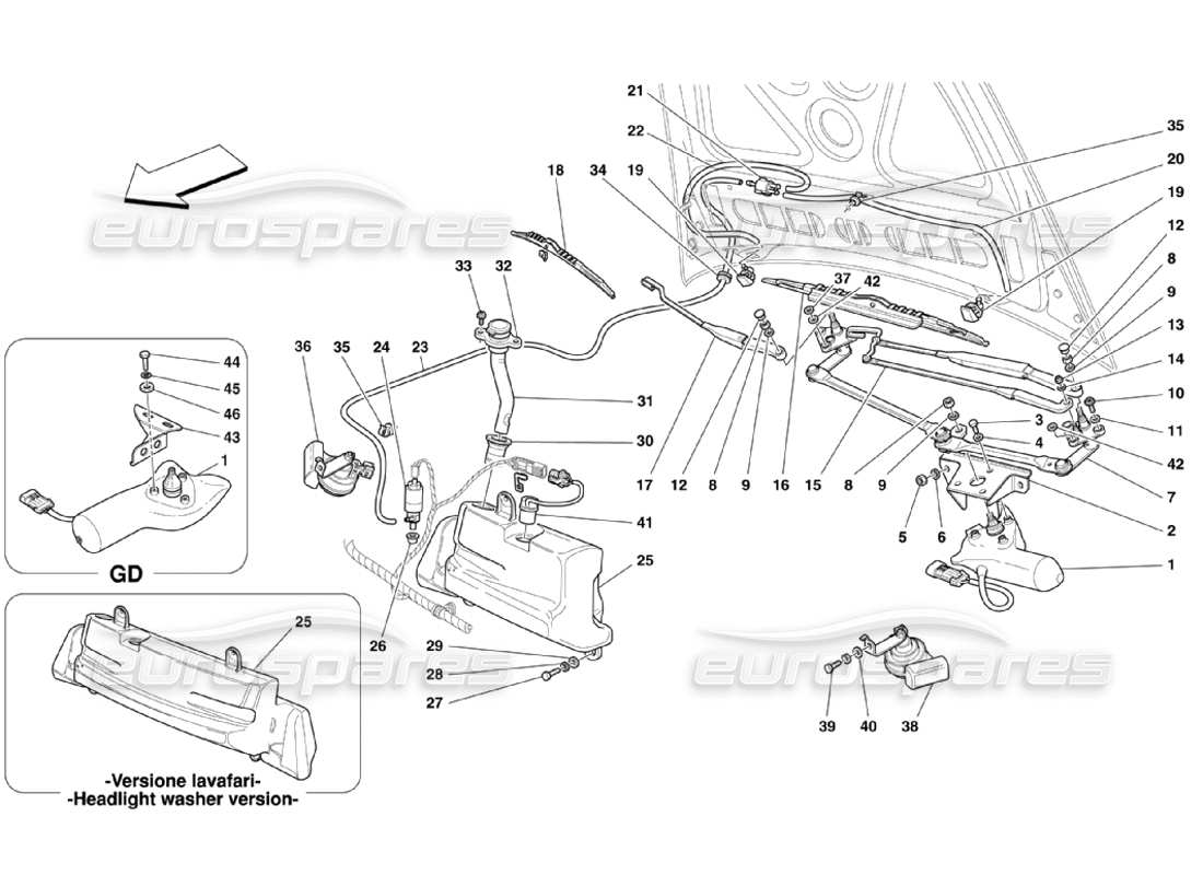 ferrari 360 challenge stradale windshield, glass washer and horns part diagram