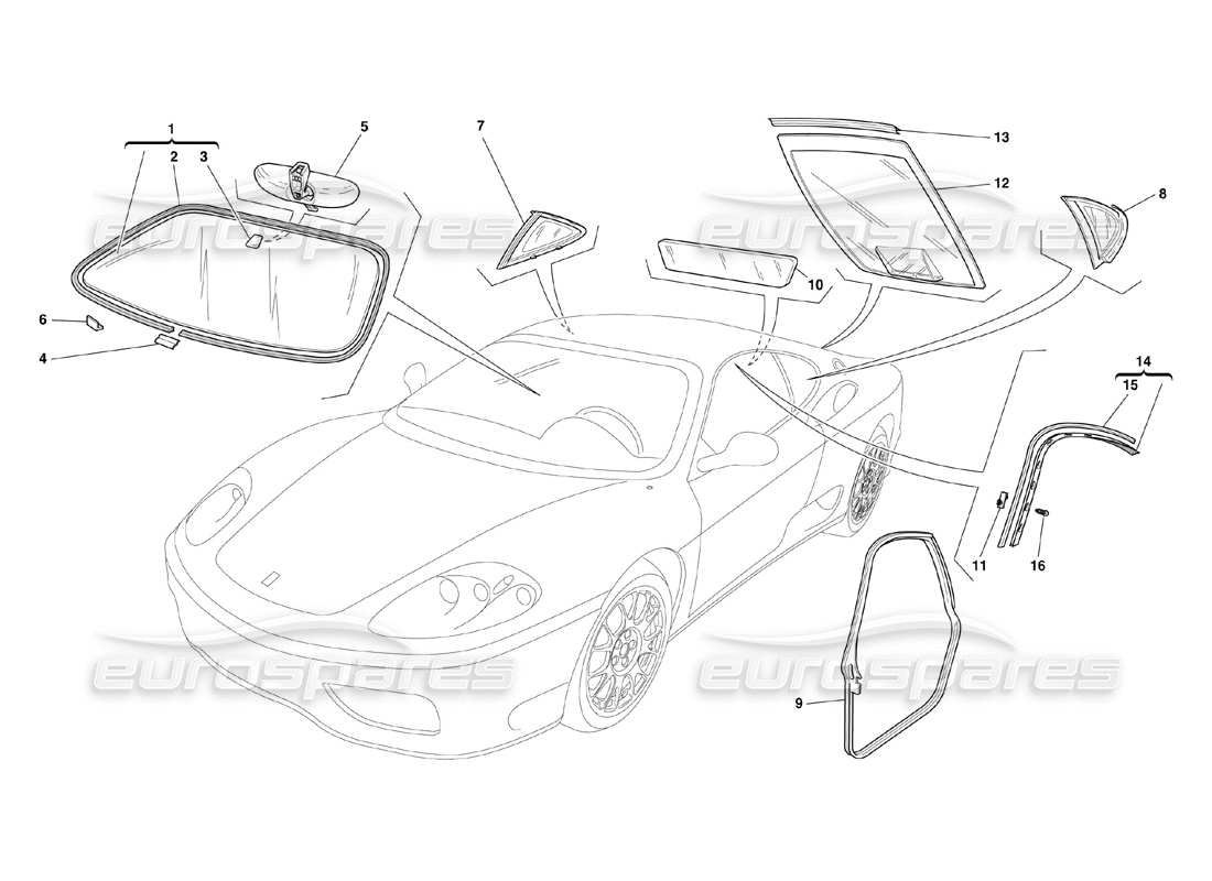 ferrari 360 challenge (2000) glasses and gaskets part diagram