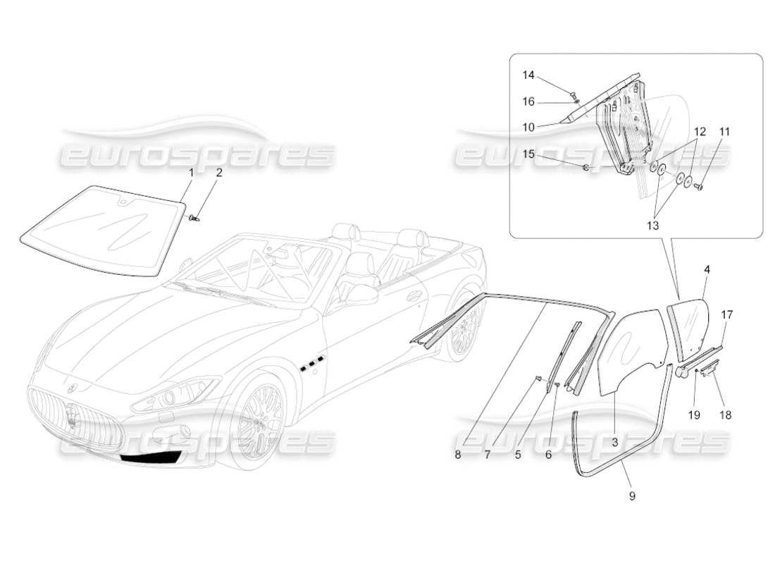 maserati grancabrio (2010) 4.7 windows and window strips part diagram