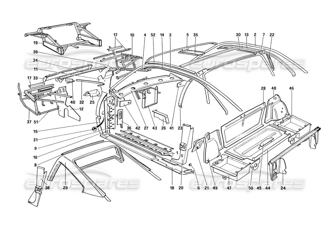 ferrari 328 (1985) body shell - inner elements (for u.s. and sa version) part diagram