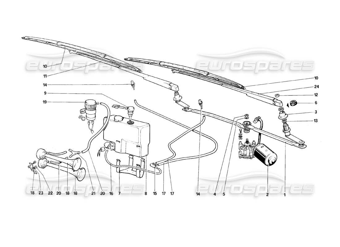 ferrari mondial 8 (1981) windshield wiper, washer and horn part diagram