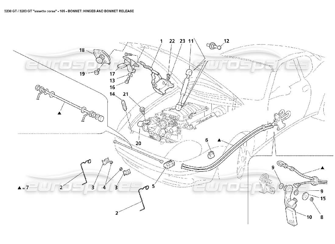 maserati 3200 gt/gta/assetto corsa bonnet: hinges & bonnet release part diagram