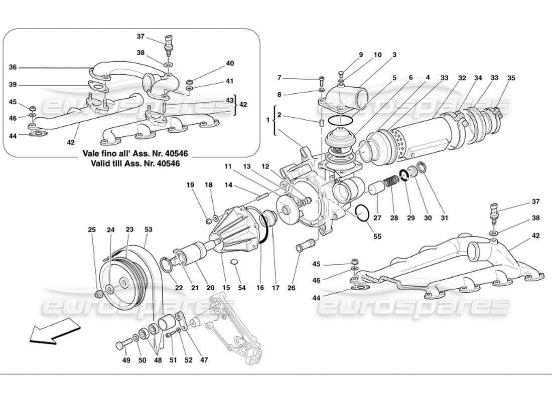 ferrari 360 modena water pump and oil - water heat exchanger part diagram