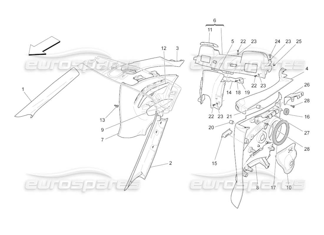 maserati grancabrio (2011) 4.7 passenger compartment b pillar trim panels and side panels part diagram