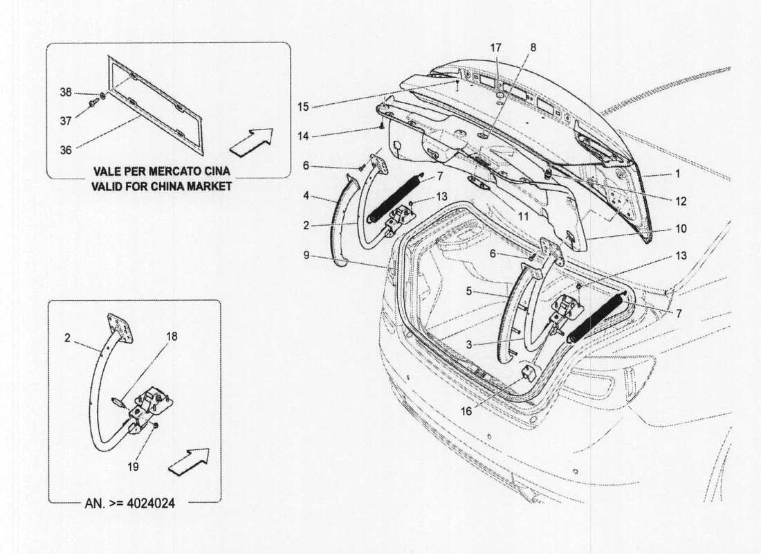 maserati qtp. v6 3.0 bt 410bhp 2wd 2017 rear lid part diagram