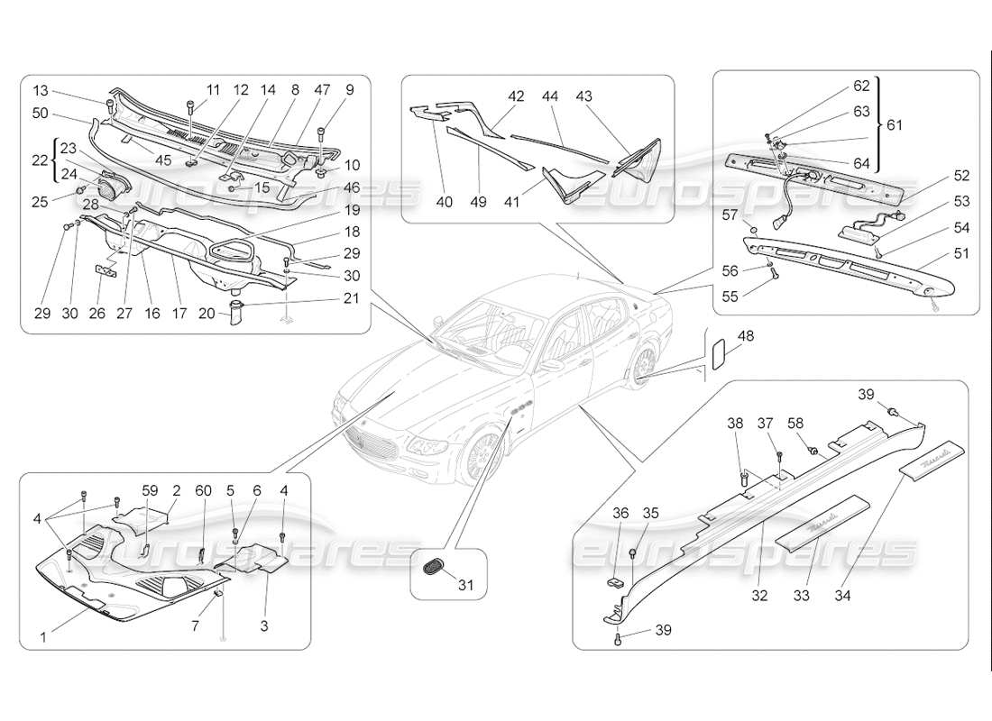 maserati qtp. (2006) 4.2 f1 shields, trims and covering panels part diagram