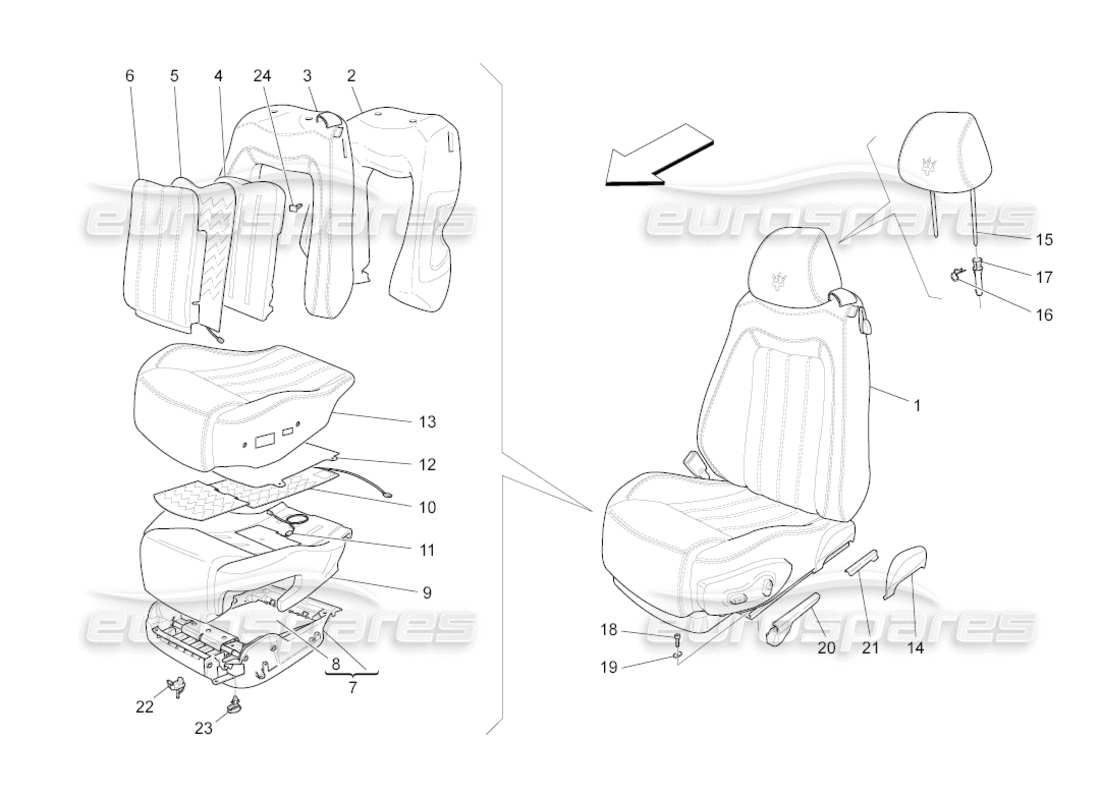 maserati grancabrio (2010) 4.7 front seats: trim panels part diagram