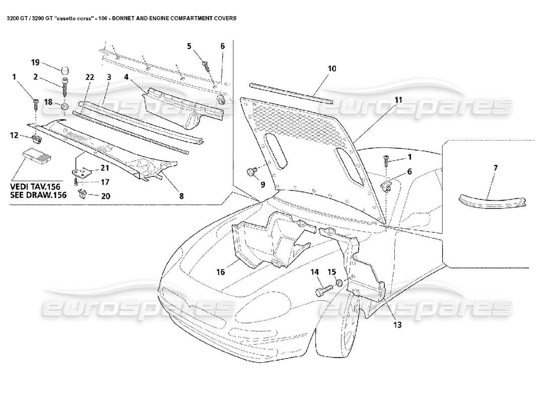 maserati 3200 gt/gta/assetto corsa bonnet & engine compartment covers part diagram