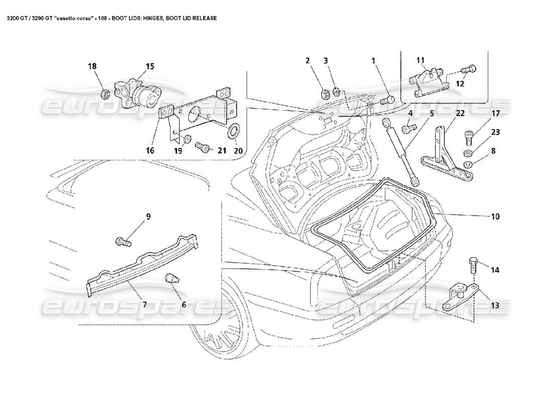 maserati 3200 gt/gta/assetto corsa boot lid: hinges, boot lid release part diagram