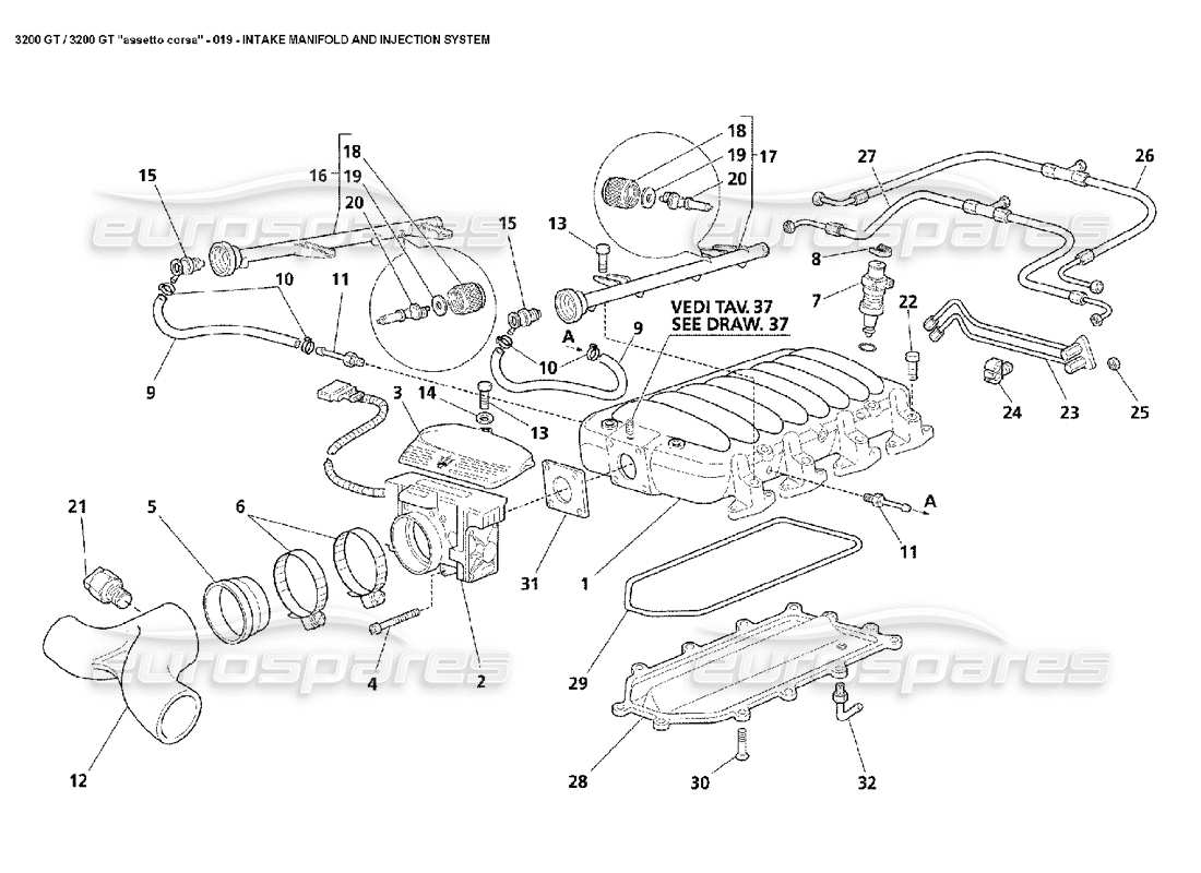 maserati 3200 gt/gta/assetto corsa intake manifold & injection part diagram