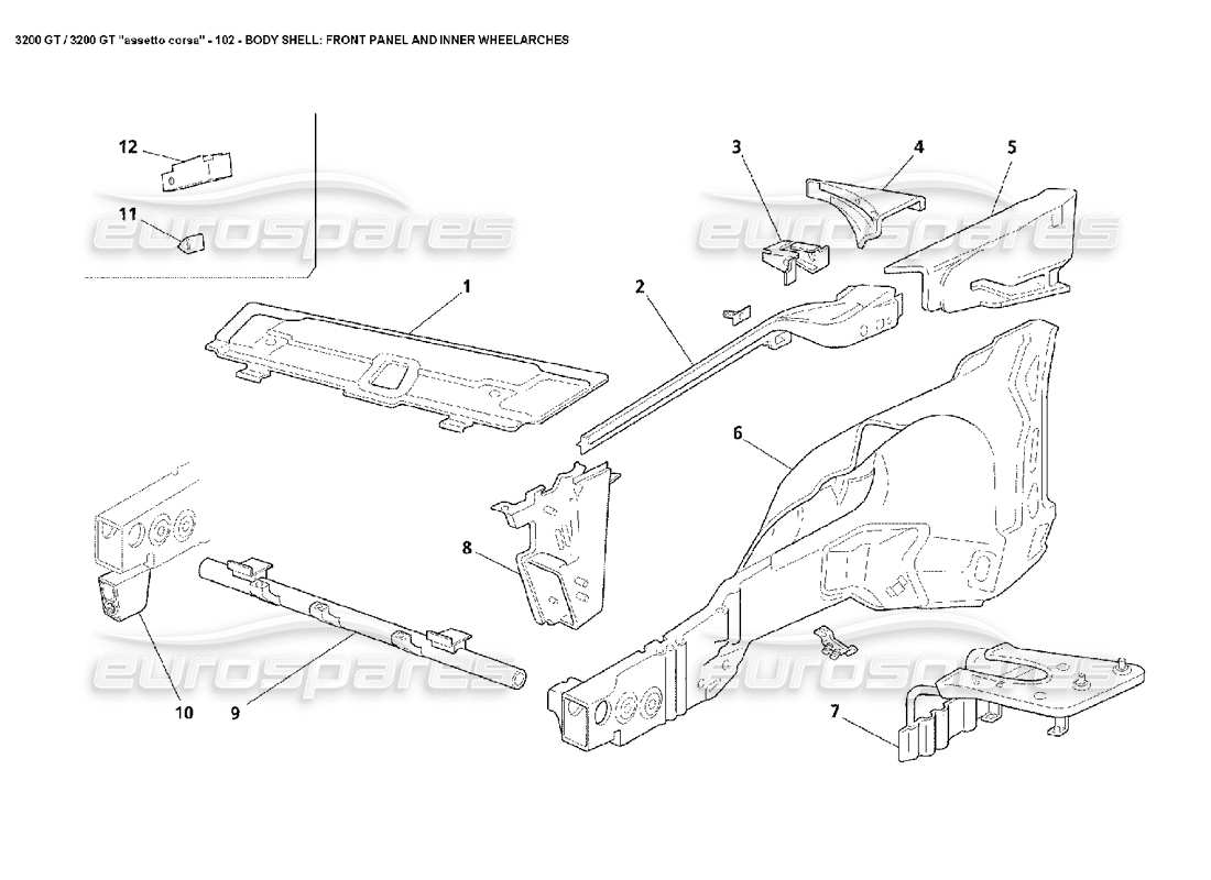 maserati 3200 gt/gta/assetto corsa body: front panel & inner wheelarches part diagram