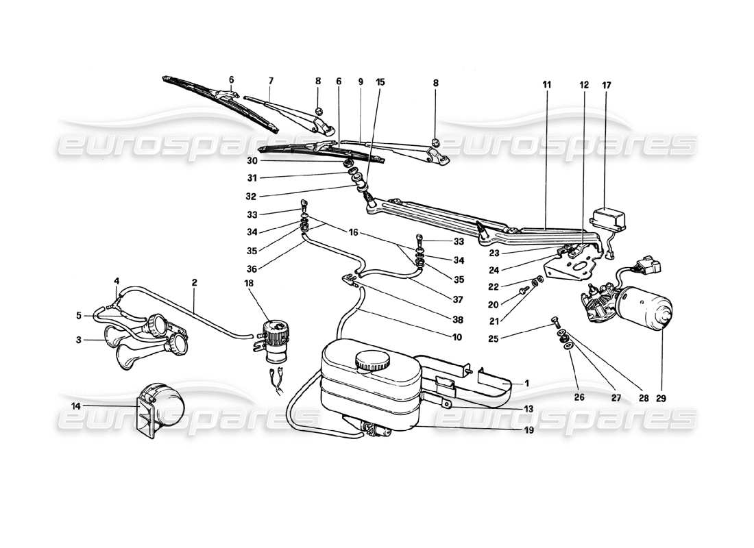 ferrari 308 gtb (1980) windshield wiper, washer and horn (variants for rhd - aus versions) part diagram