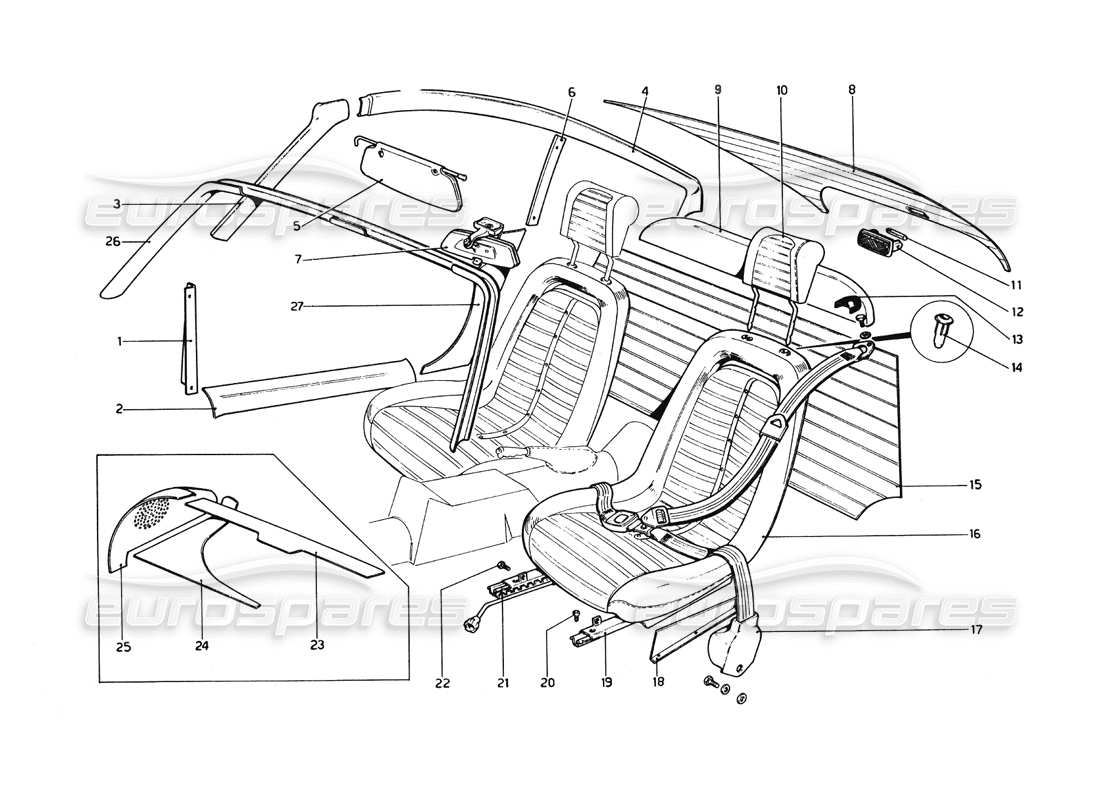 ferrari 246 dino (1975) interior trims and seats part diagram