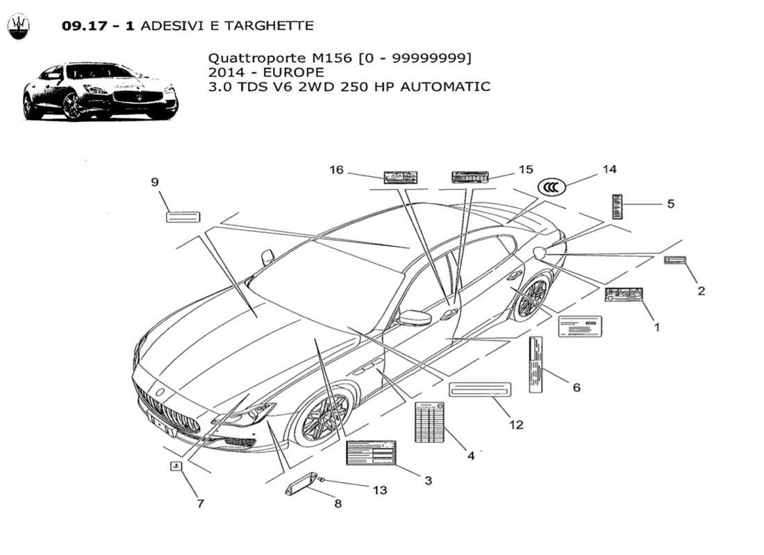 maserati qtp. v6 3.0 tds 250bhp 2014 stickers and labels part diagram