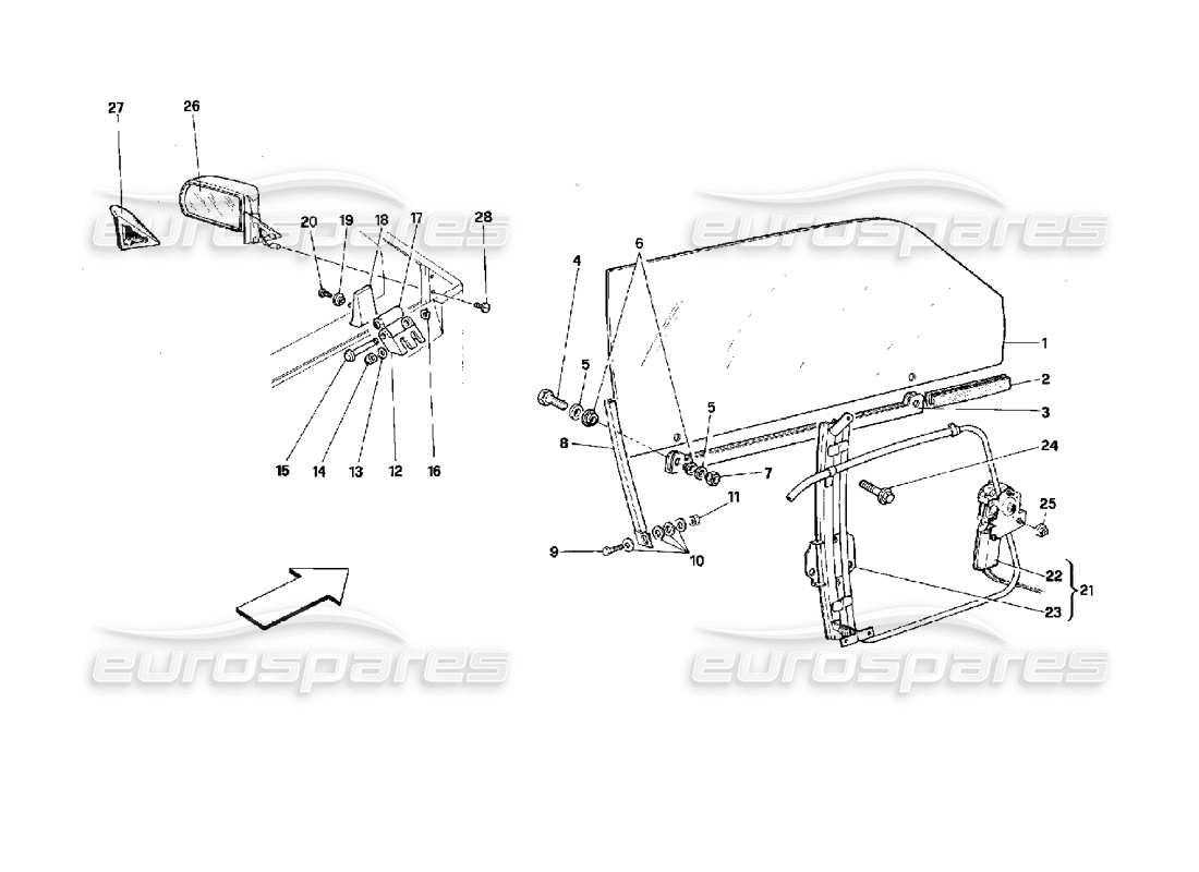 ferrari mondial 3.4 t coupe/cabrio doors - coupe - glass lifting device and rear mirror part diagram