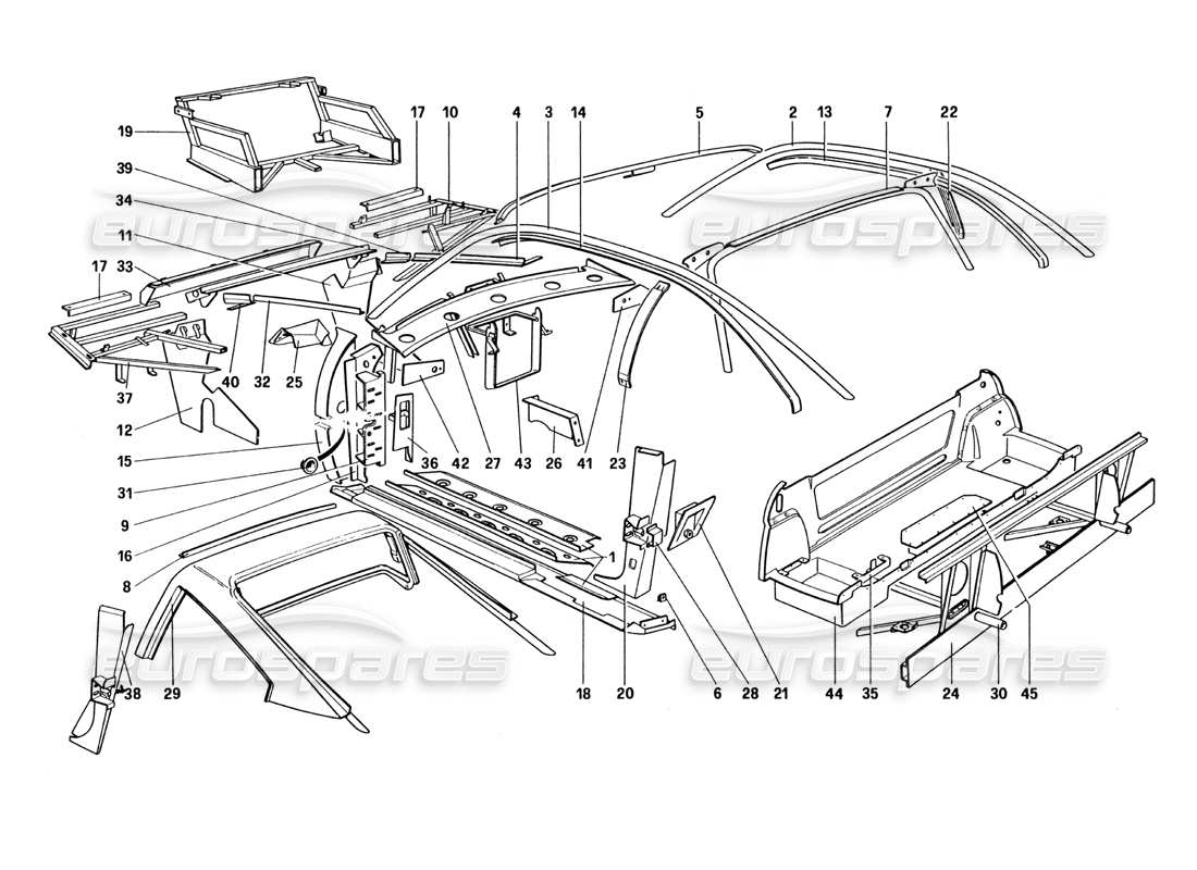 ferrari 328 (1985) body shell - inner elements (not for u.s. and sa version) part diagram