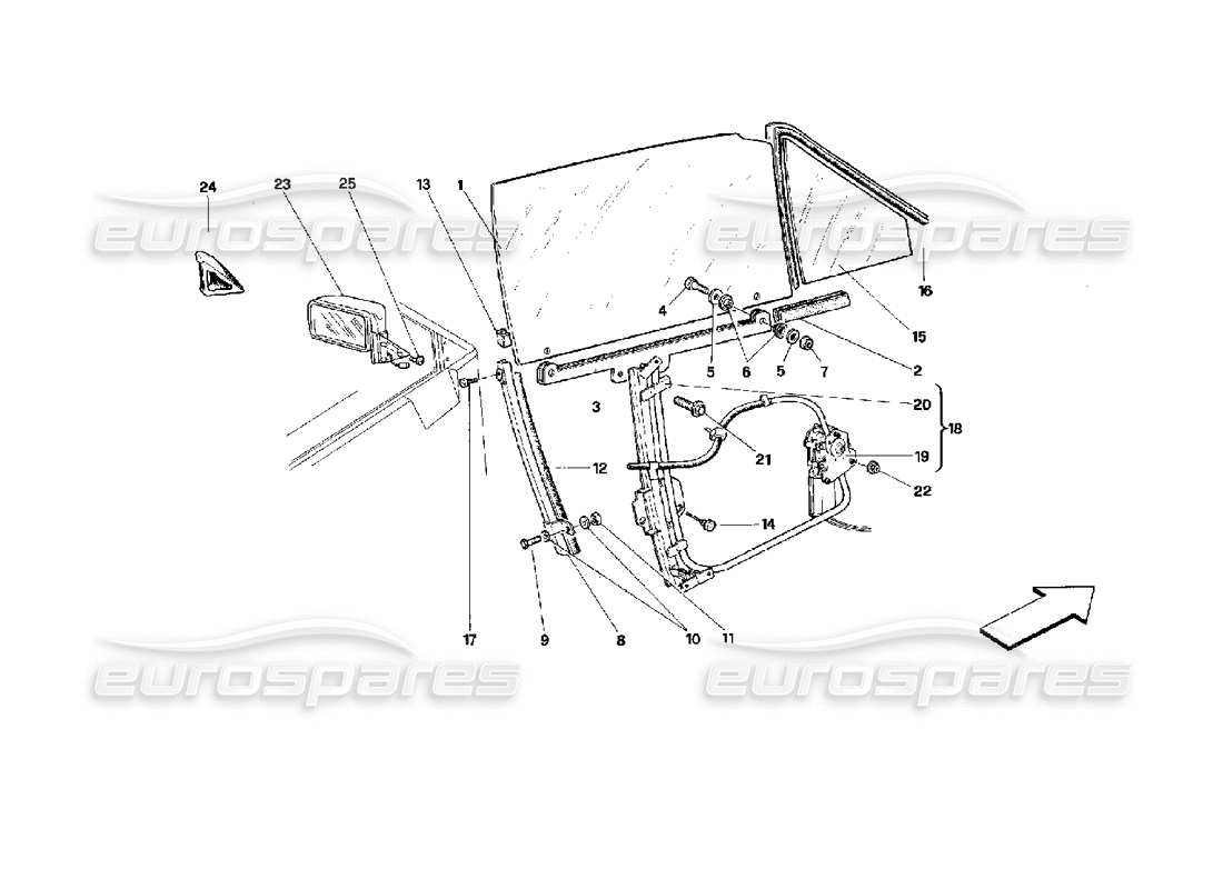 ferrari mondial 3.4 t coupe/cabrio doors - cabriolet - glass lifting device and rear mirror part diagram