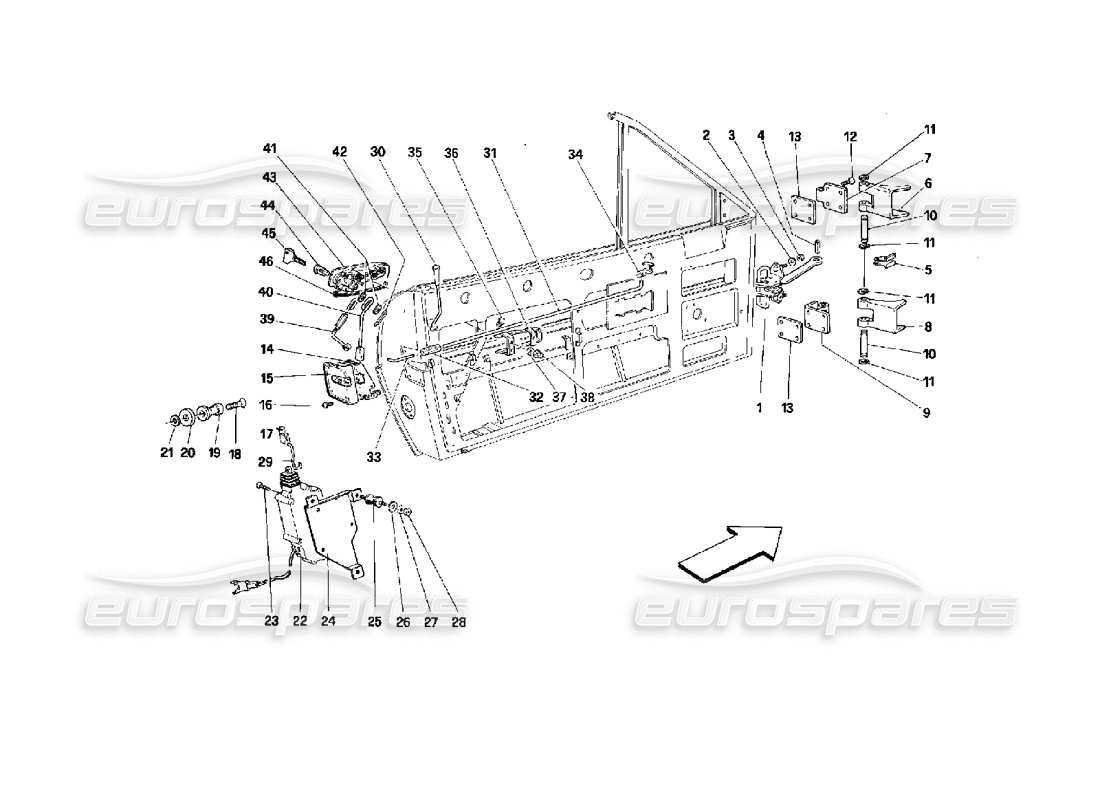 ferrari mondial 3.4 t coupe/cabrio doors - cabriolet - opening control and hinges part diagram