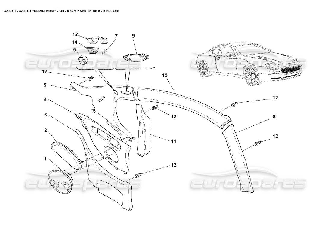 maserati 3200 gt/gta/assetto corsa rear inner trims & pillars part diagram