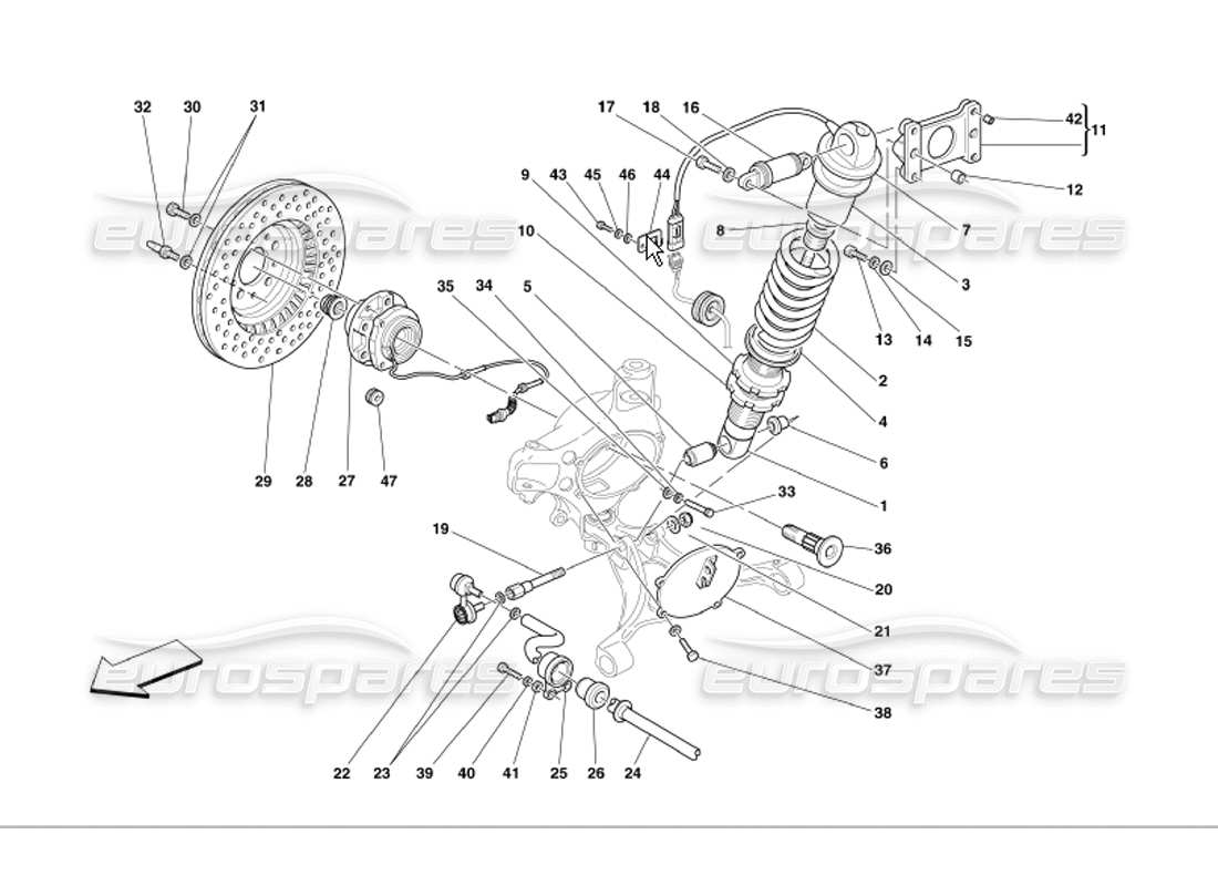 ferrari 360 modena front suspension shock absorber and brake disc part diagram