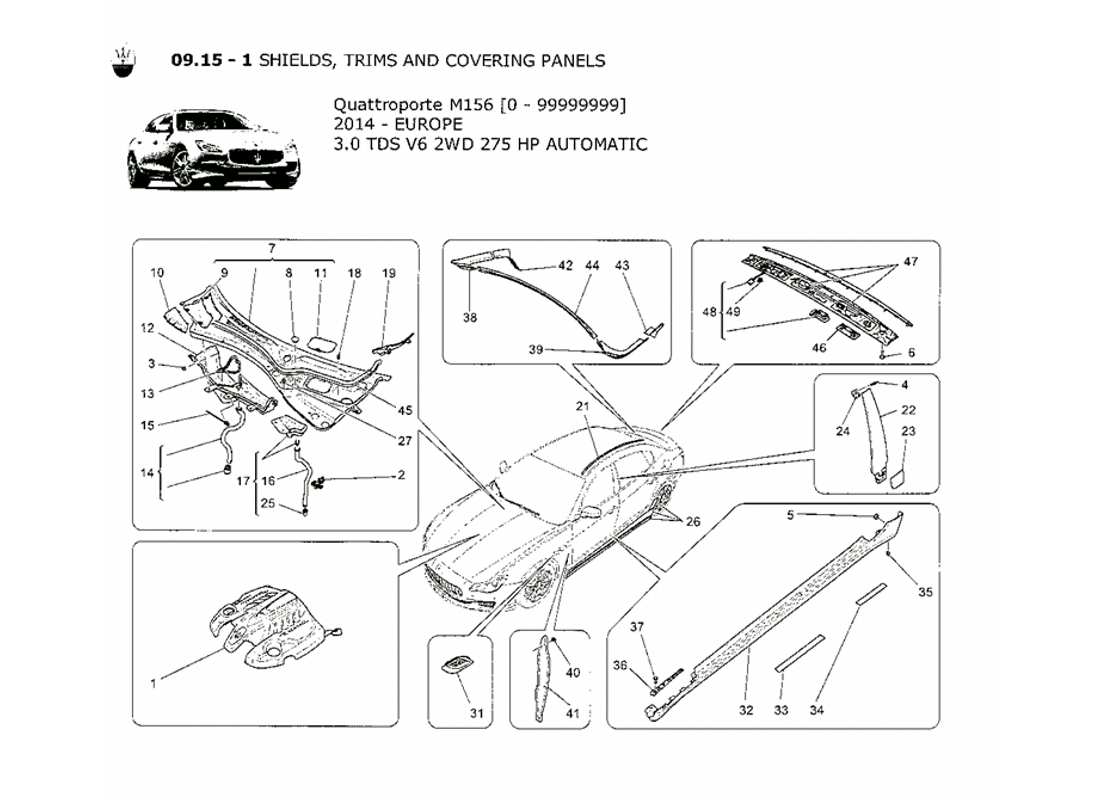 maserati qtp. v6 3.0 tds 275bhp 2014 shields, trims and covering panels part diagram