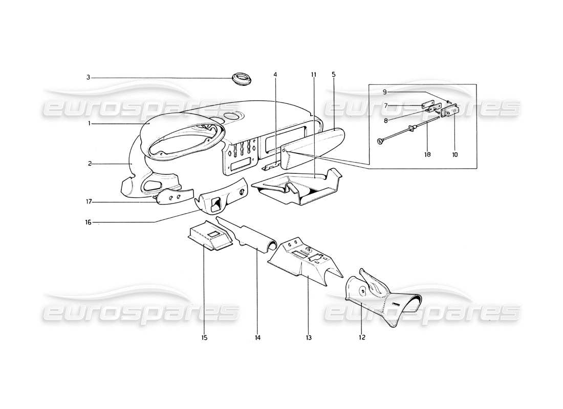 ferrari 246 dino (1975) interior trims and dashboard part diagram