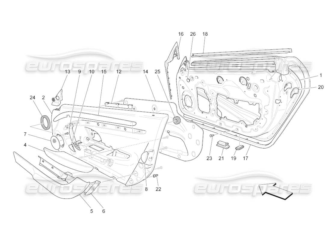 maserati grancabrio (2010) 4.7 front doors: trim panels part diagram