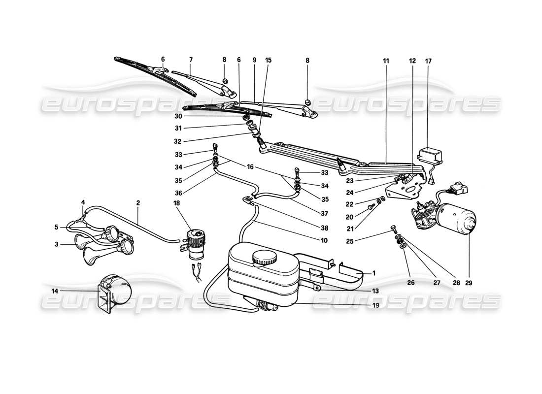 ferrari 308 gtb (1980) windshield wiper, washer and horn part diagram