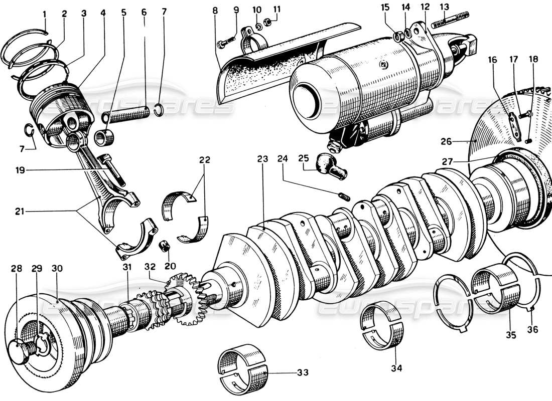 ferrari 330 gtc coupe crankshaft, connecting rods & pistons part diagram