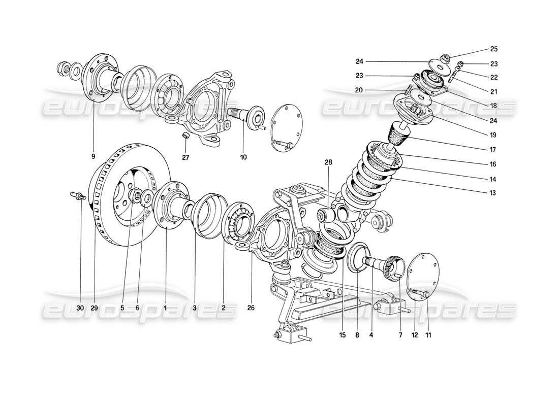 ferrari 208 turbo (1989) front suspension - shock absorber and brake disc (starting from car no. 76626) part diagram