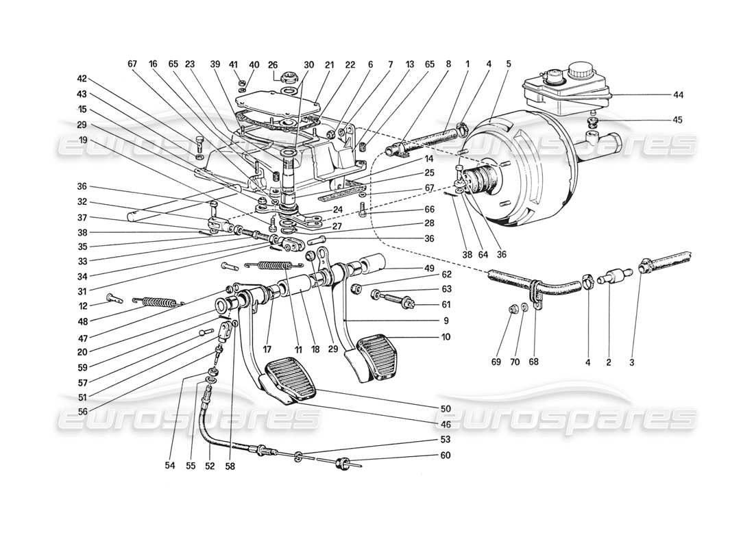 ferrari 208 turbo (1989) pedal boad - brake and clutch controls (for car without antiskid system) part diagram