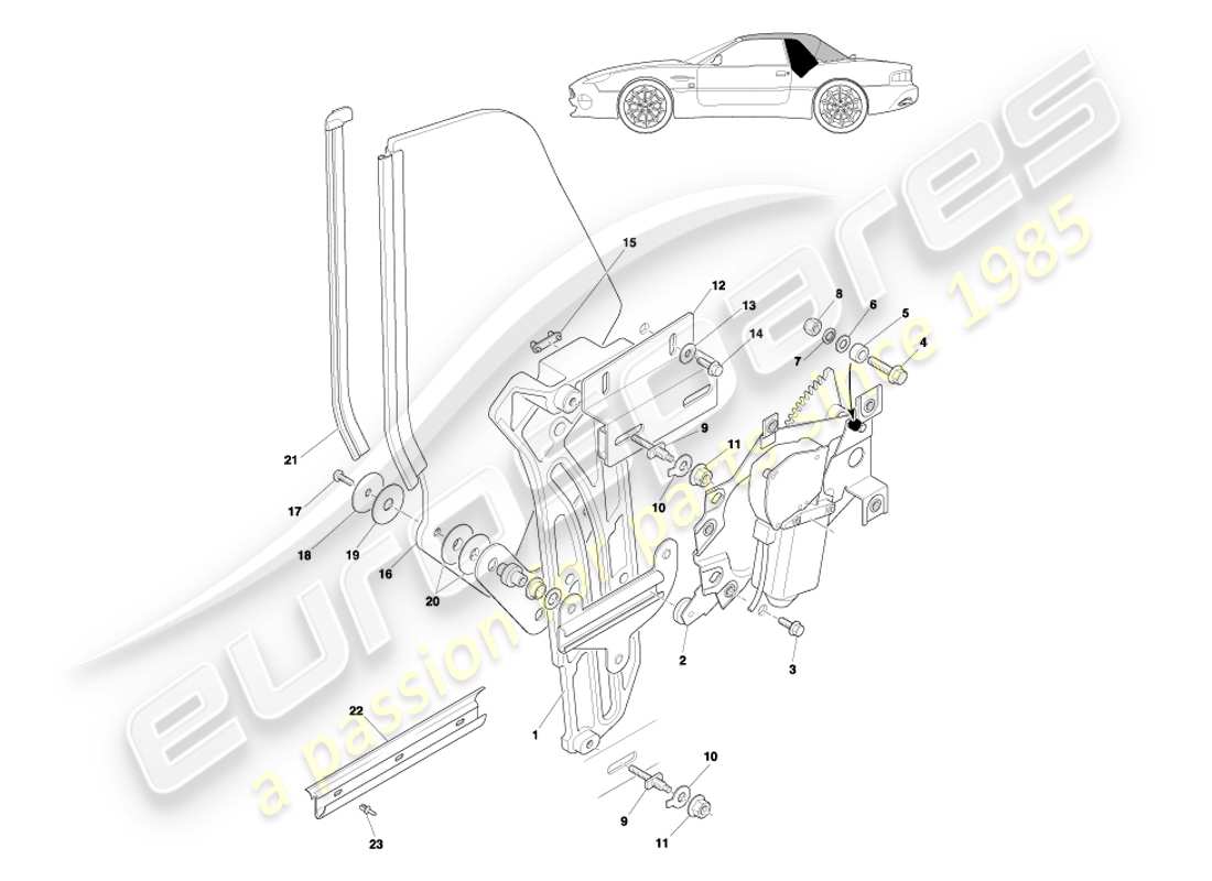 aston martin db7 vantage (2004) volante rear quarter glass & mechanism part diagram