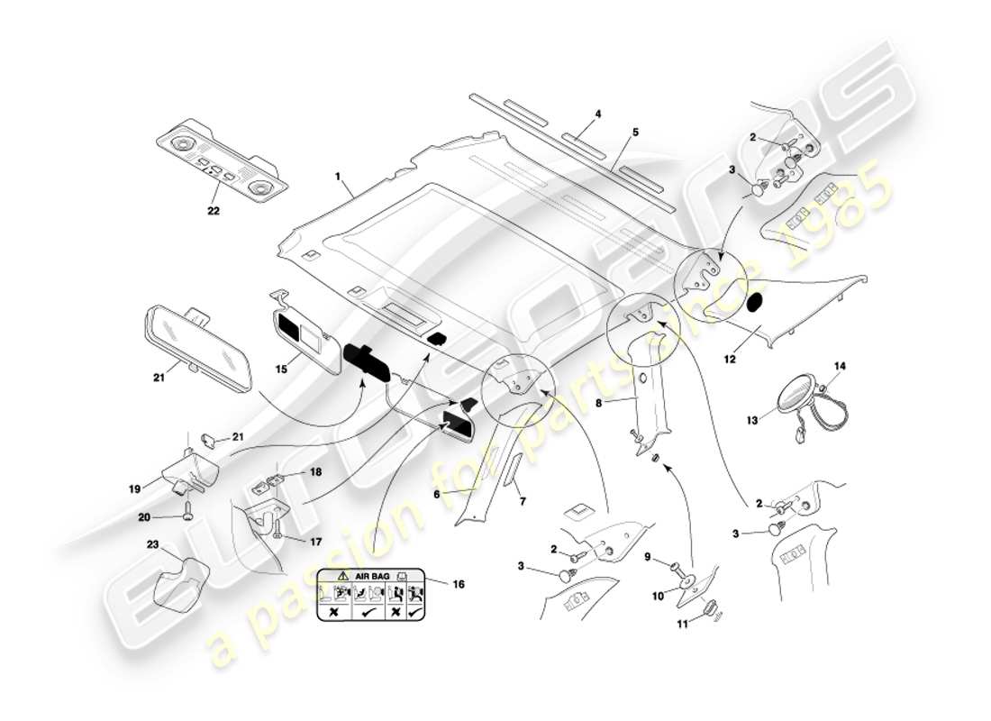 aston martin db7 vantage (2004) coupe upper trim & roof lining part diagram