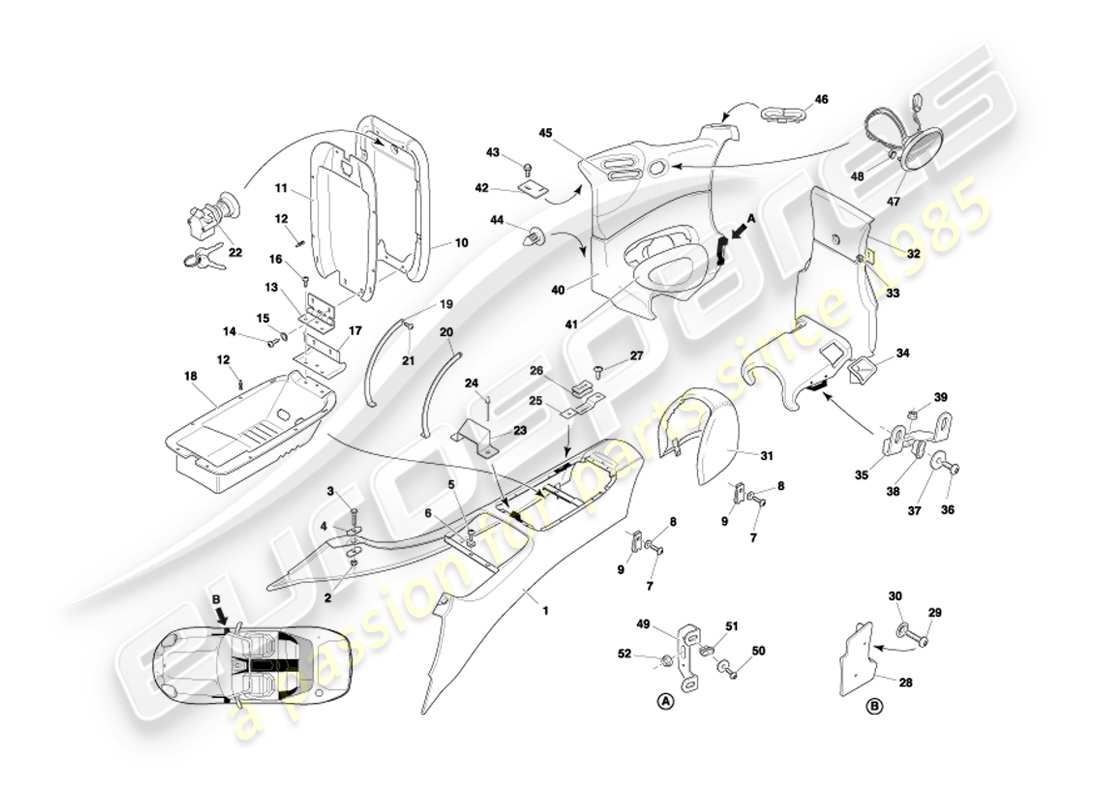 aston martin db7 vantage (2004) centre console & trim, volante part diagram