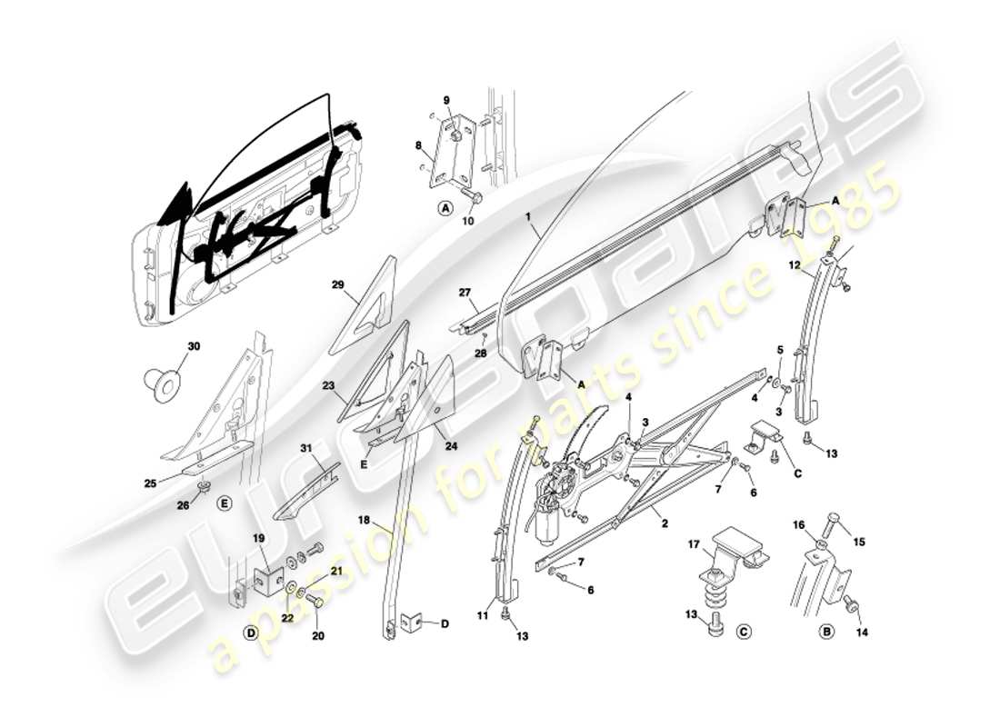 aston martin db7 vantage (2004) door glass & frames part diagram