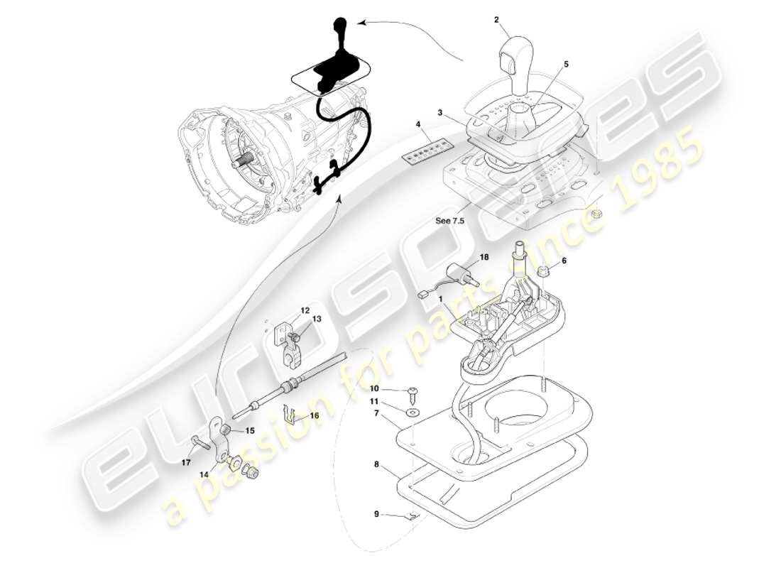 aston martin db7 vantage (2004) automatic transmission, gear selector assy part diagram