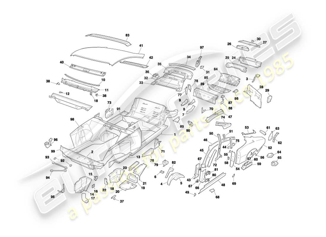 aston martin db7 vantage (2004) body panels, coupe part diagram