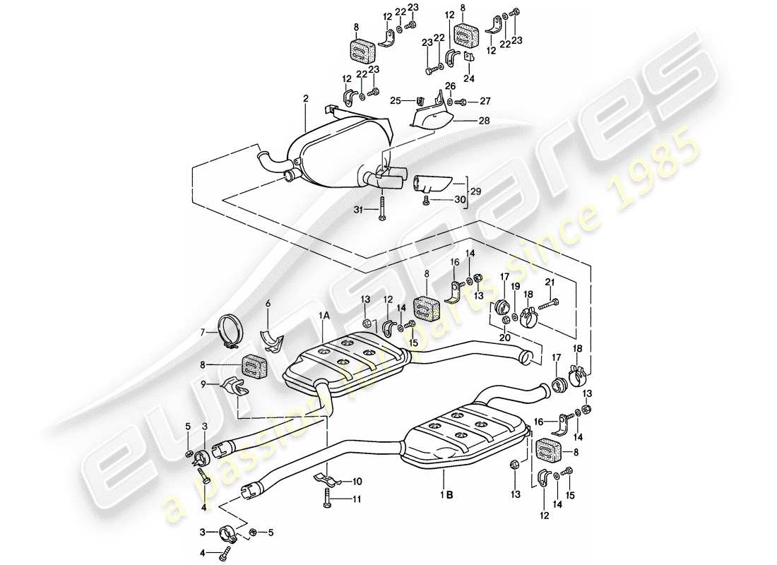 porsche 928 (1983) exhaust system - muffler - exhaust part diagram