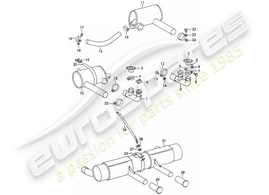 porsche 356/356a (1958) exhaust system part diagram