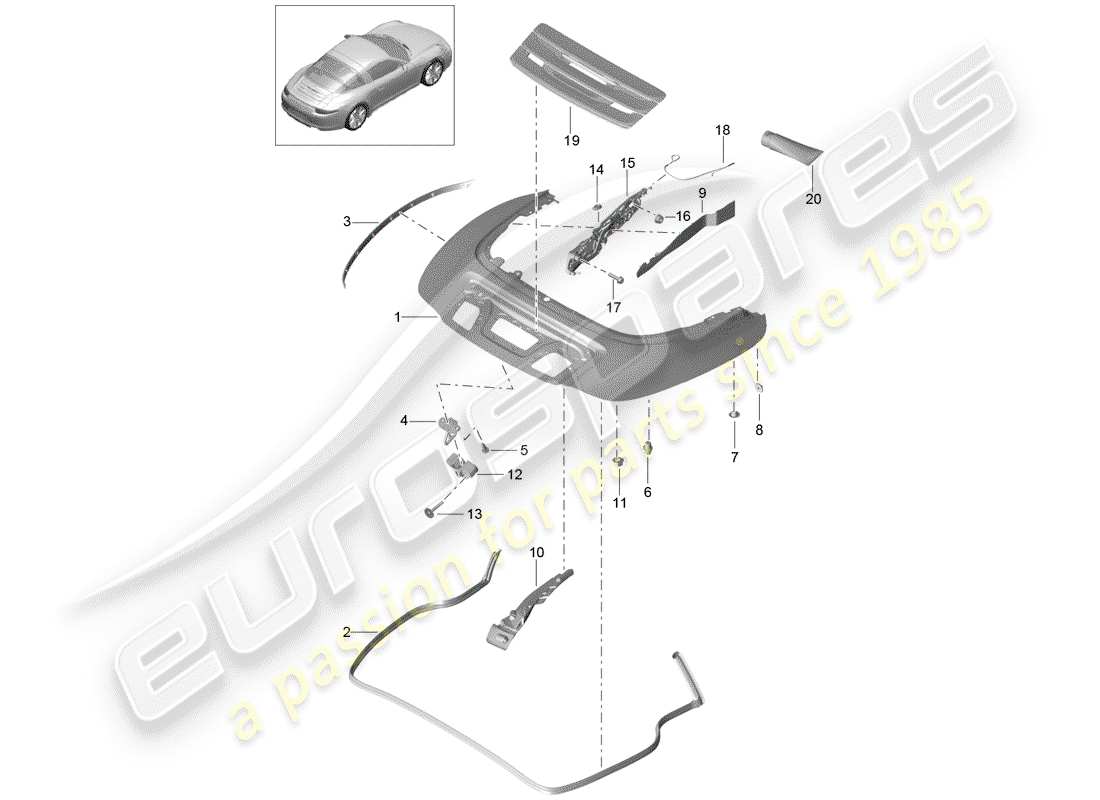 porsche 991 (2015) top stowage box part diagram