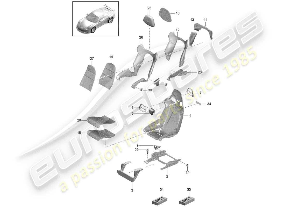 porsche 991r/gt3/rs (2019) seat part diagram