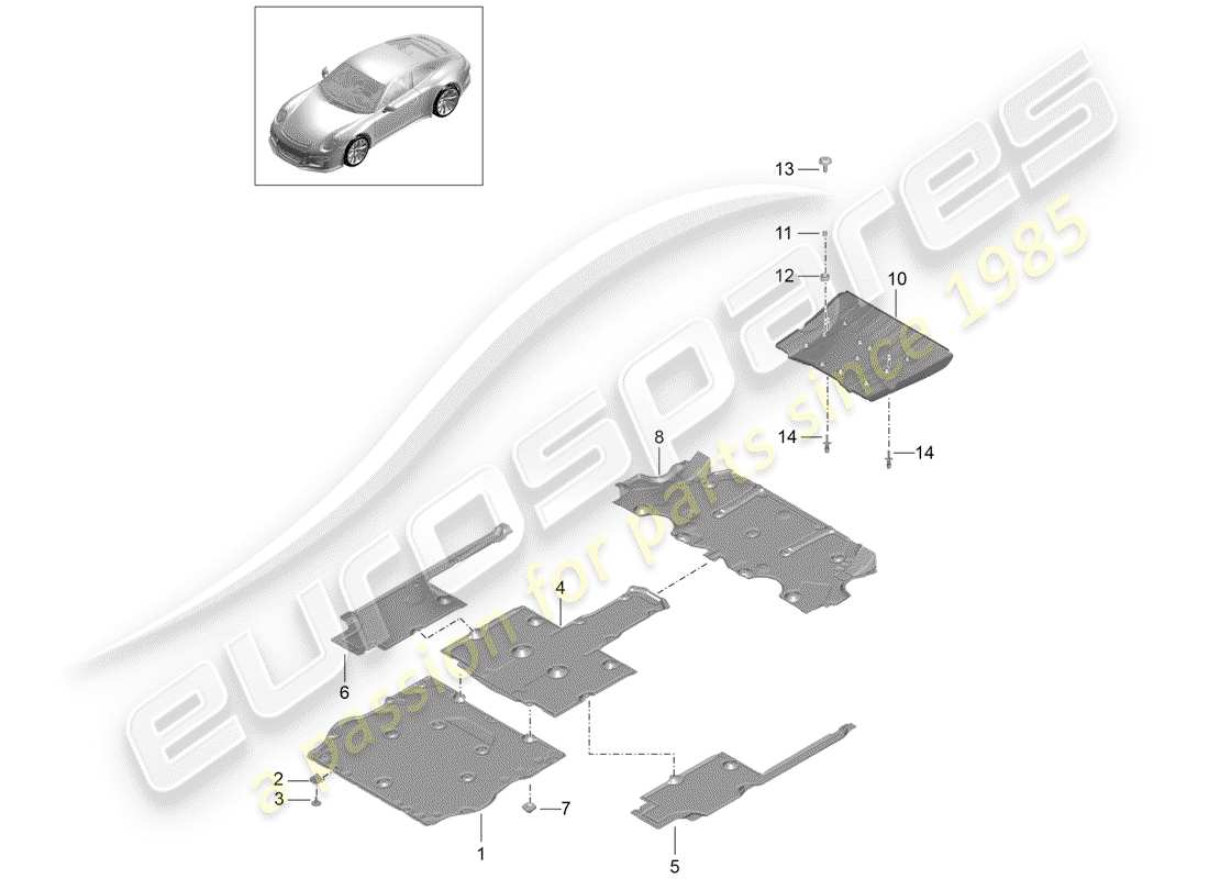 porsche 991r/gt3/rs (2020) underbody lining part diagram